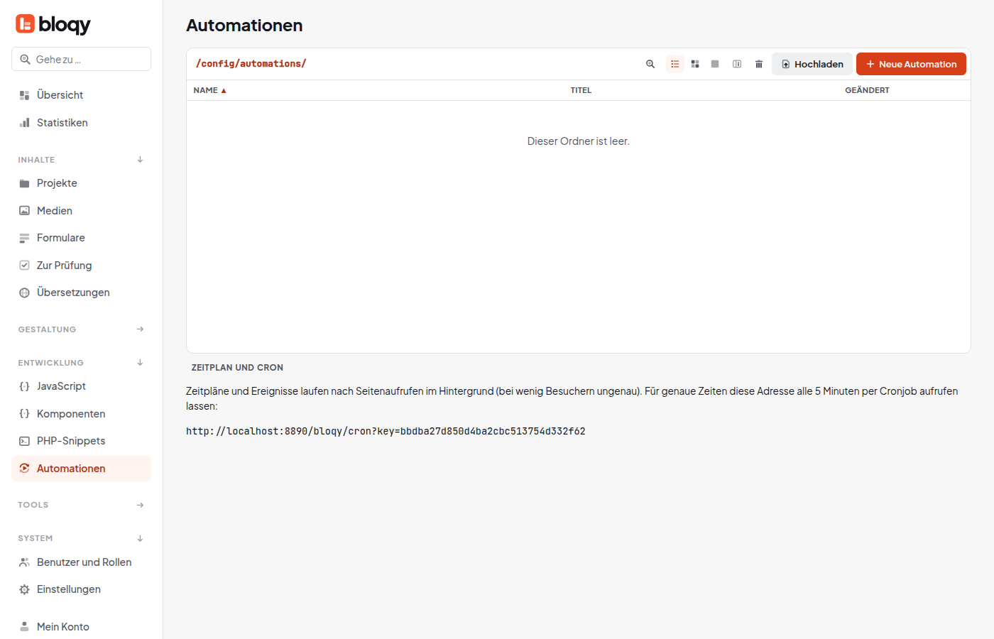 Liste der Automationen mit Cron-Adresse
