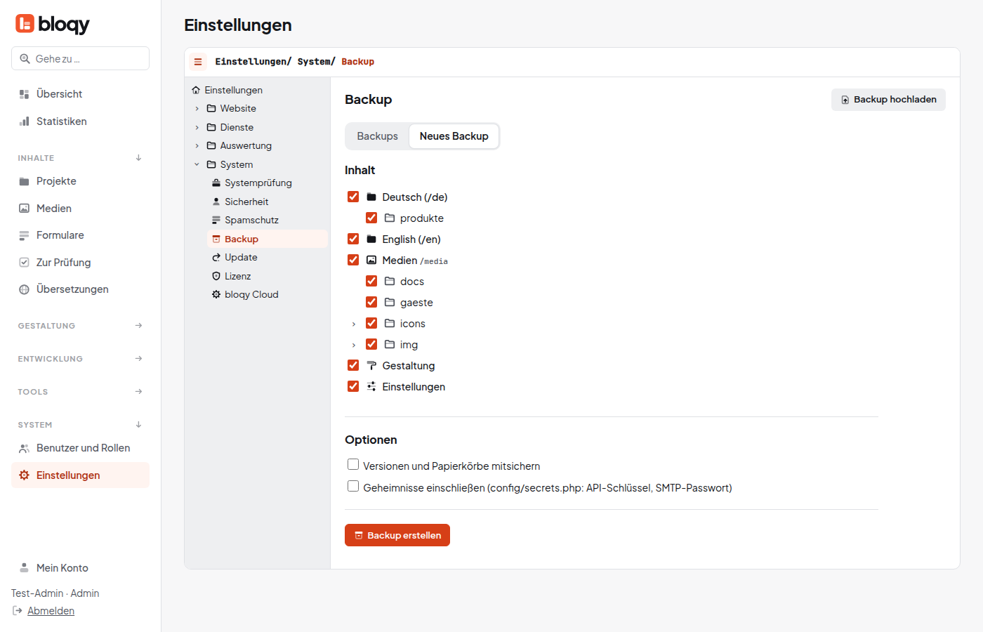 Reiter Neues Backup mit Auswahlbaum