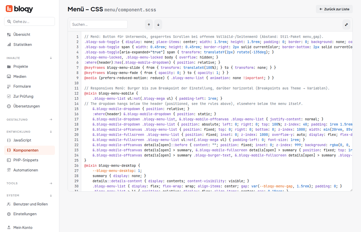 Code-Editor mit dem SCSS der Komponente Menü
