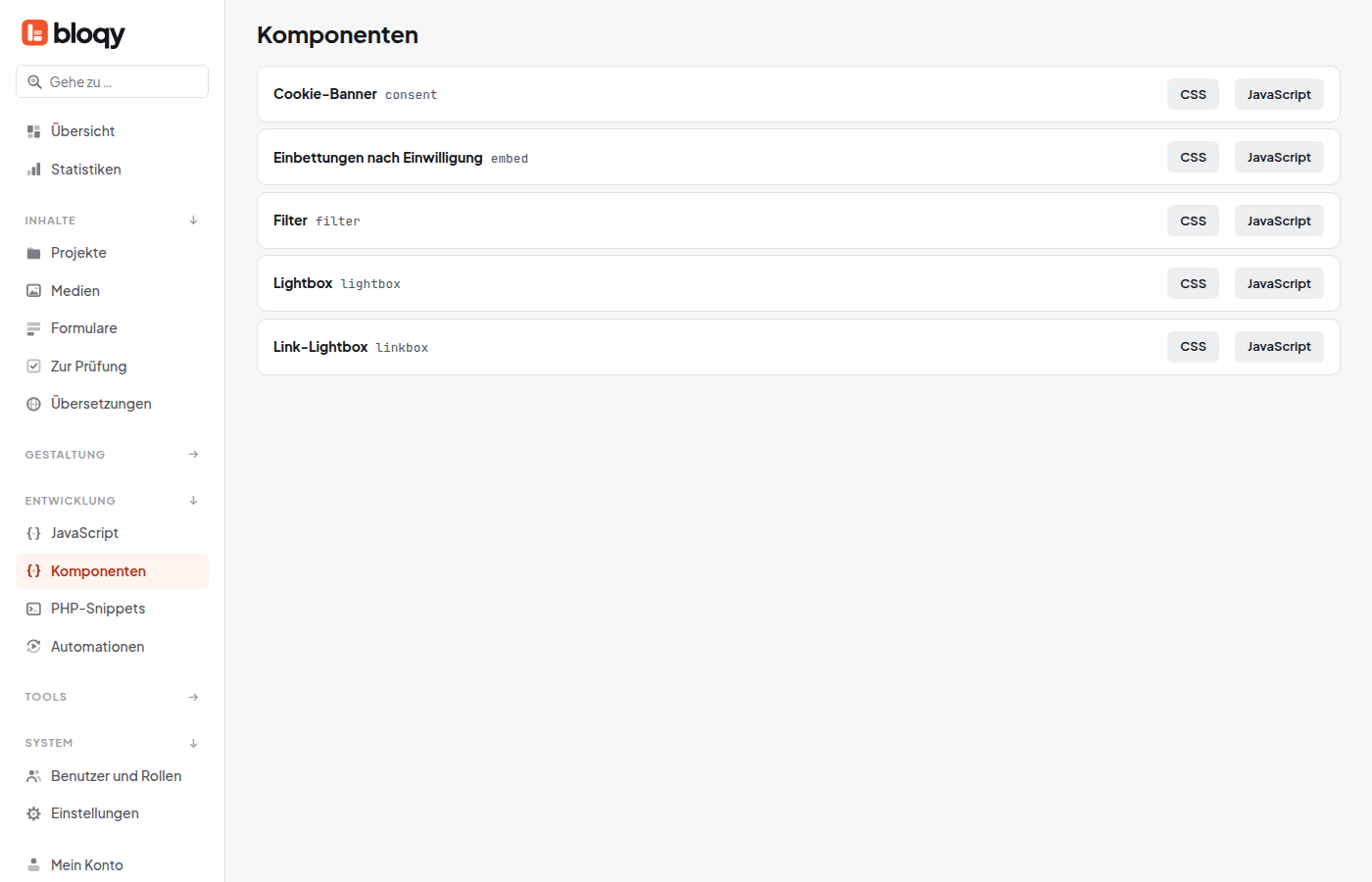 Liste der Komponenten mit Buttons CSS und JavaScript