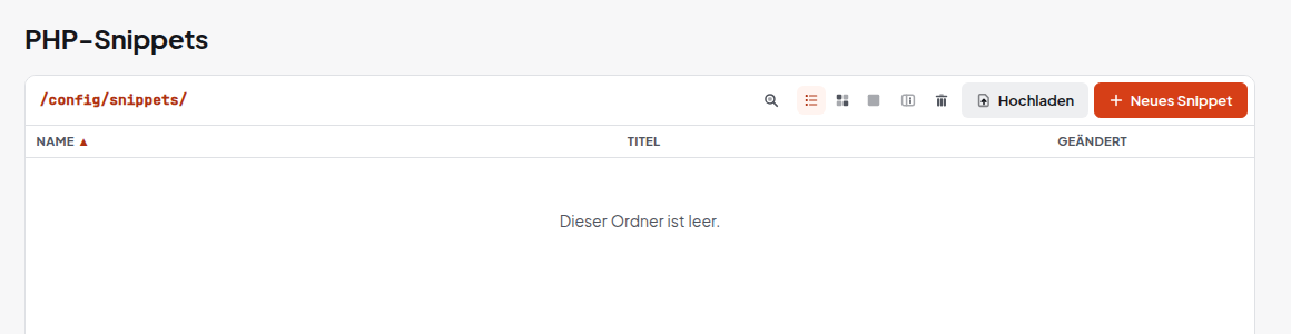 Dateimanager der PHP-Snippets in /config/snippets