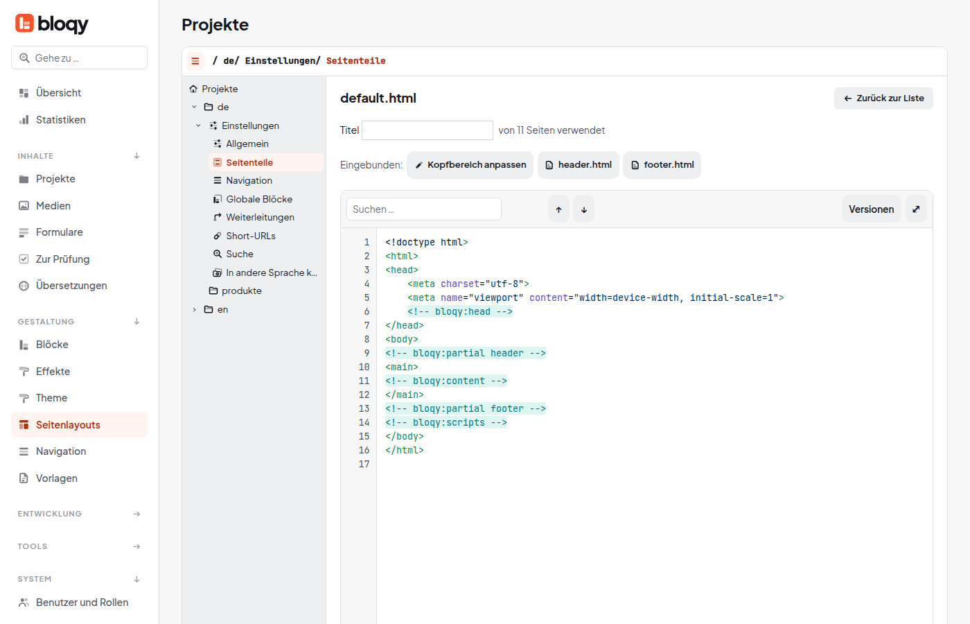 Seitenlayout default.html im Code-Editor mit eingebundenen Seitenteilen
