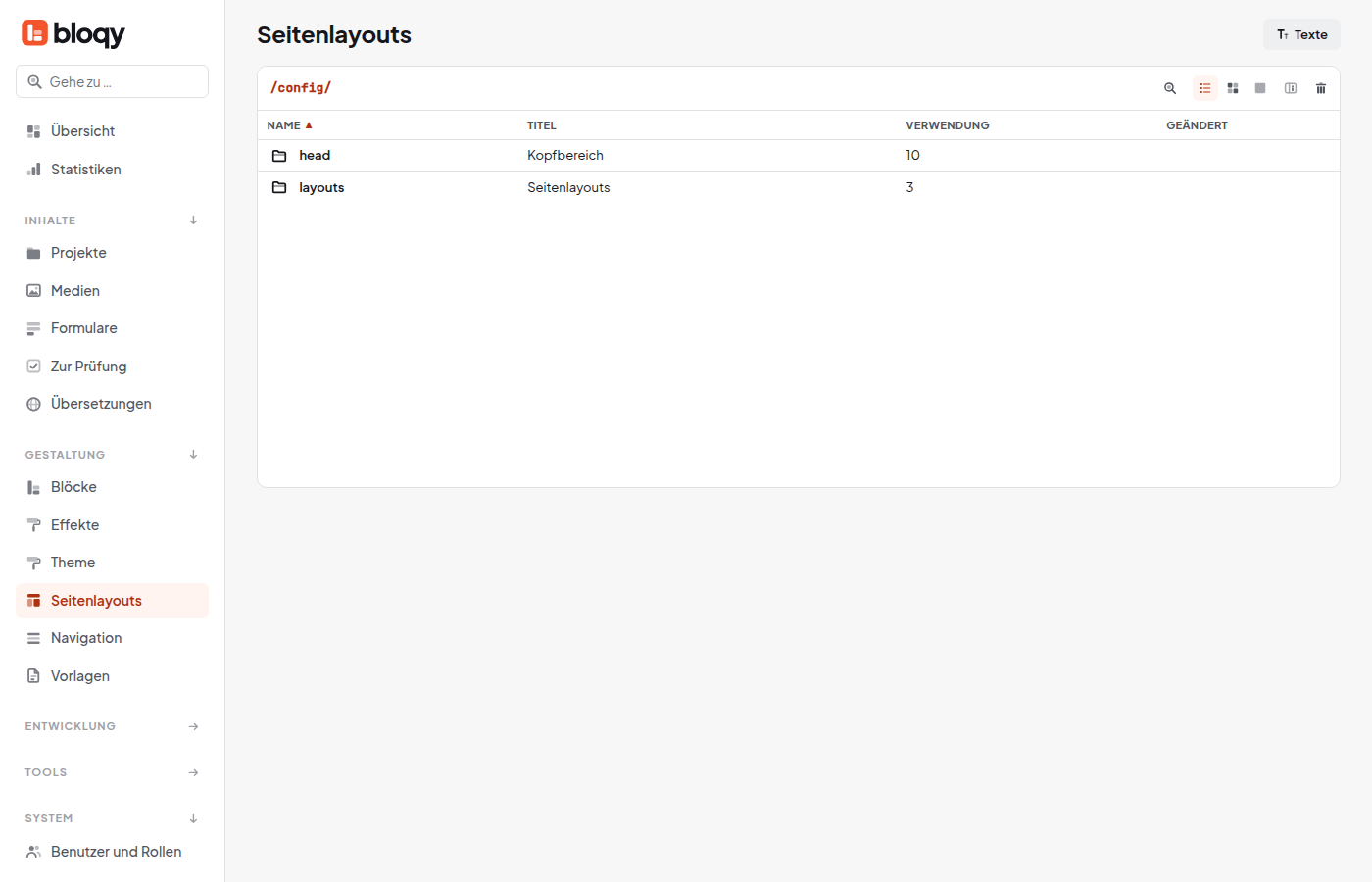 Seitenlayouts mit den Ordnern head und layouts
