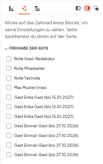 Seitenleiste des Editors mit dem aufgeklappten Bereich Freigabe der Seite