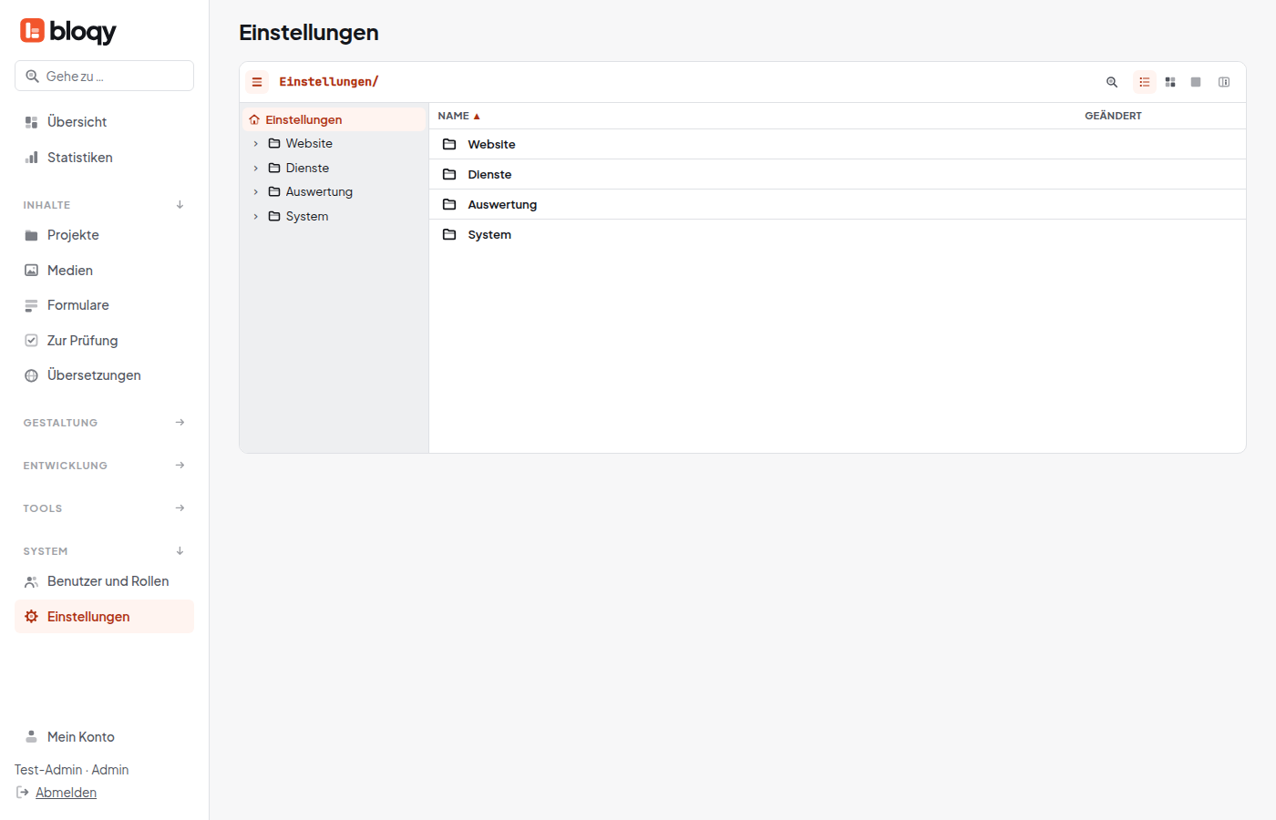 Einstellungen als Explorer mit vier Ordnern