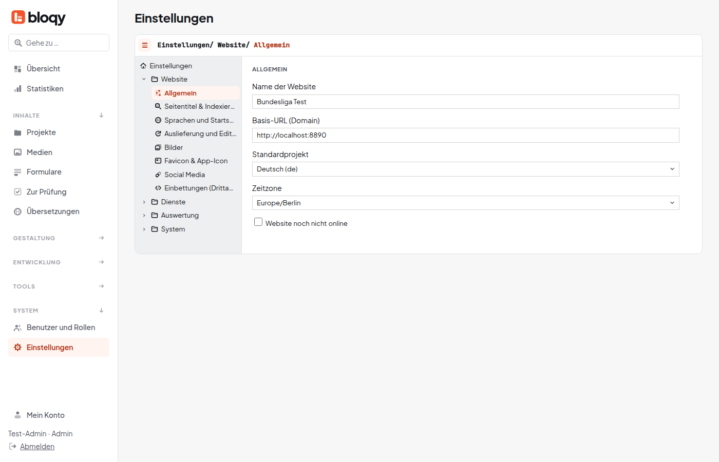 Einstellungen Allgemein mit Name, Adresse, Standardprojekt und Zeitzone