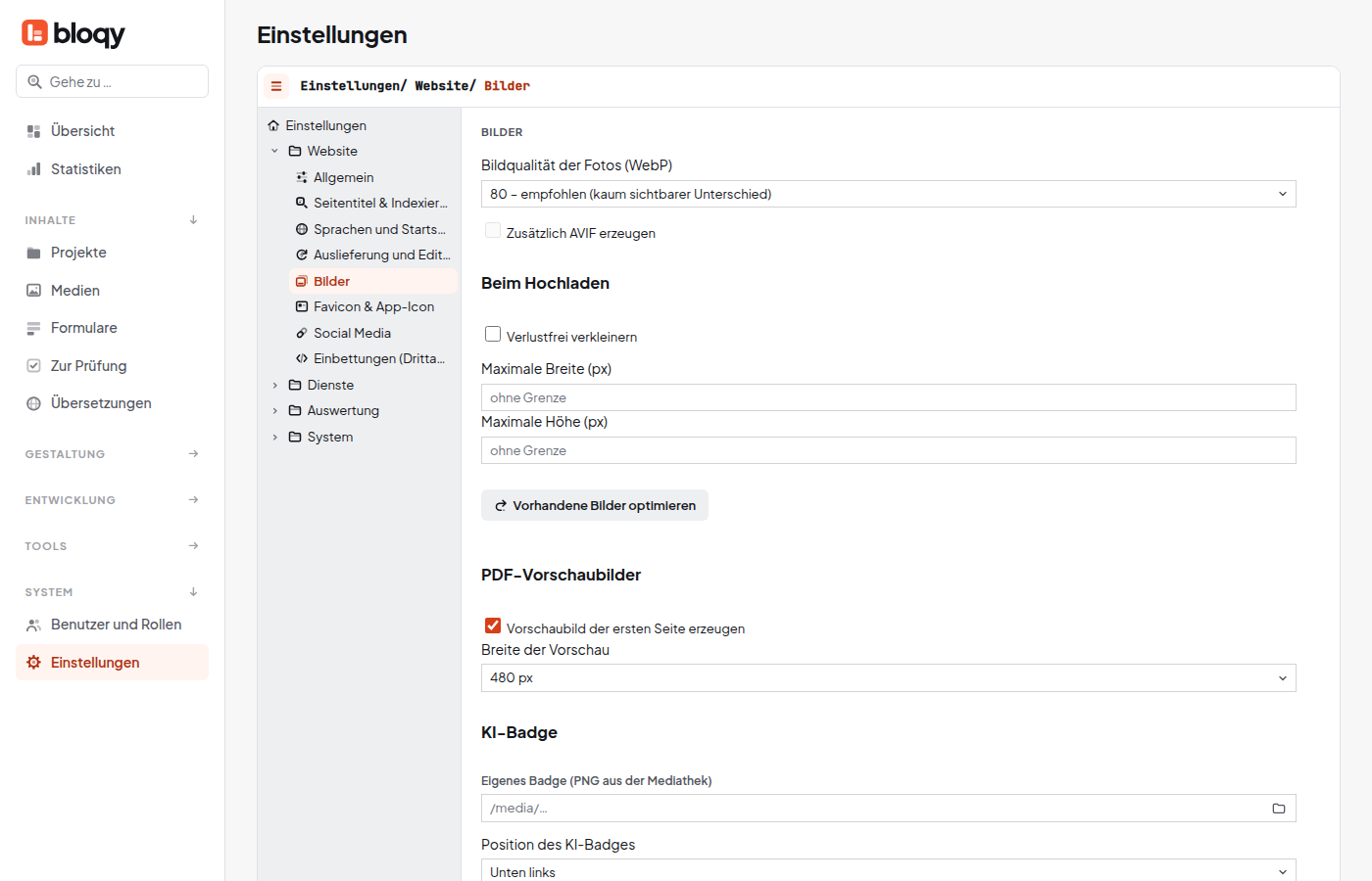 Einstellungen Bilder mit Bildqualität, Hochladen, PDF-Vorschaubild und KI-Badge