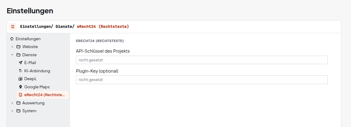 Einstellungen eRecht24 mit API-Schlüssel und Plugin-Key