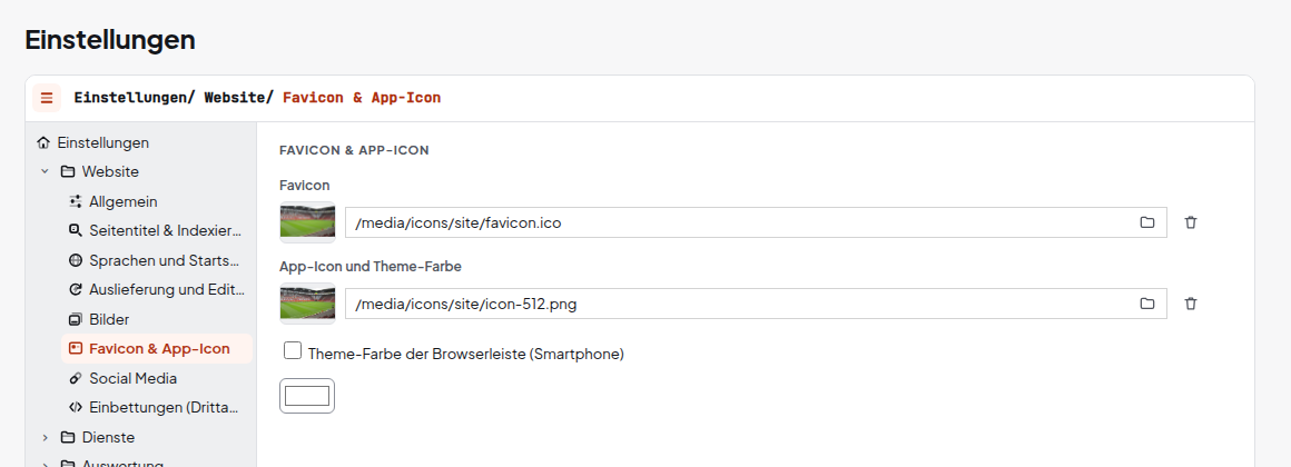 Einstellungen Favicon und App-Icon mit Medienfeldern