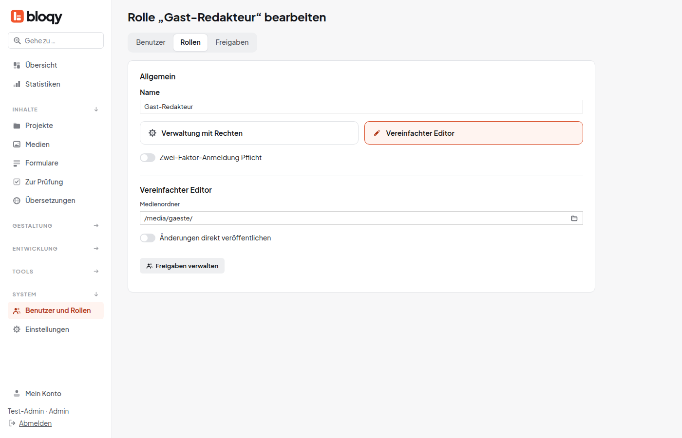 Rolle Gast-Redakteur mit Art Vereinfachter Editor