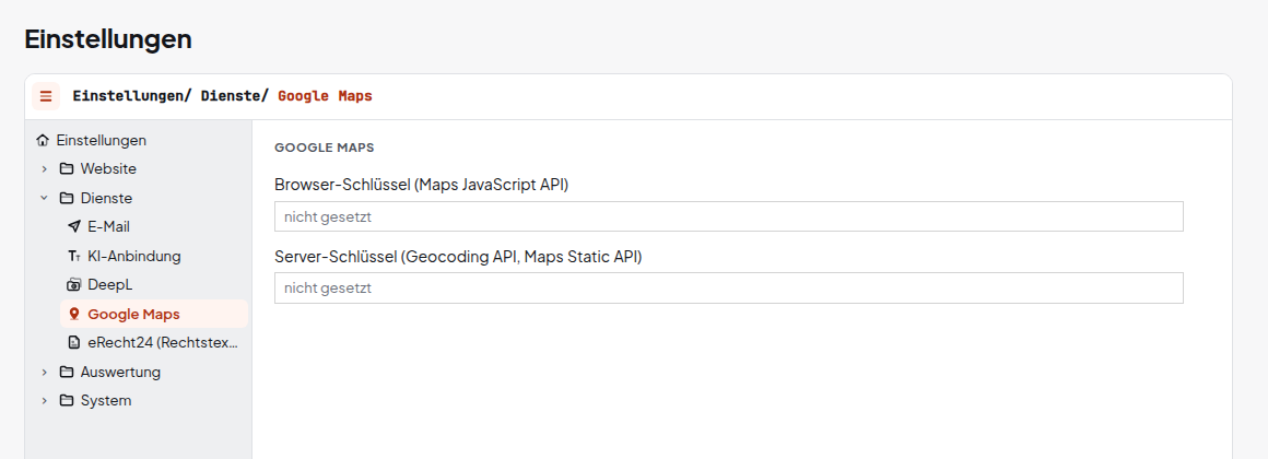 Einstellungen Google Maps mit den API-Schlüsseln