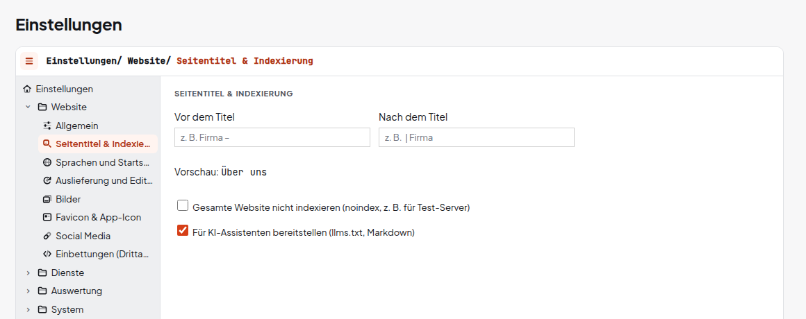 Einstellungen Seitentitel und Indexierung mit Vorschau