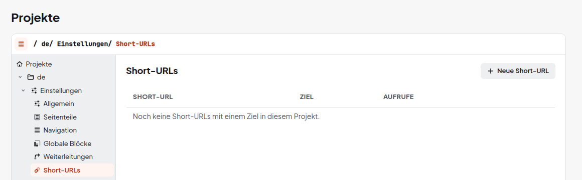 Short-URLs eines Projekts im Ordner Einstellungen