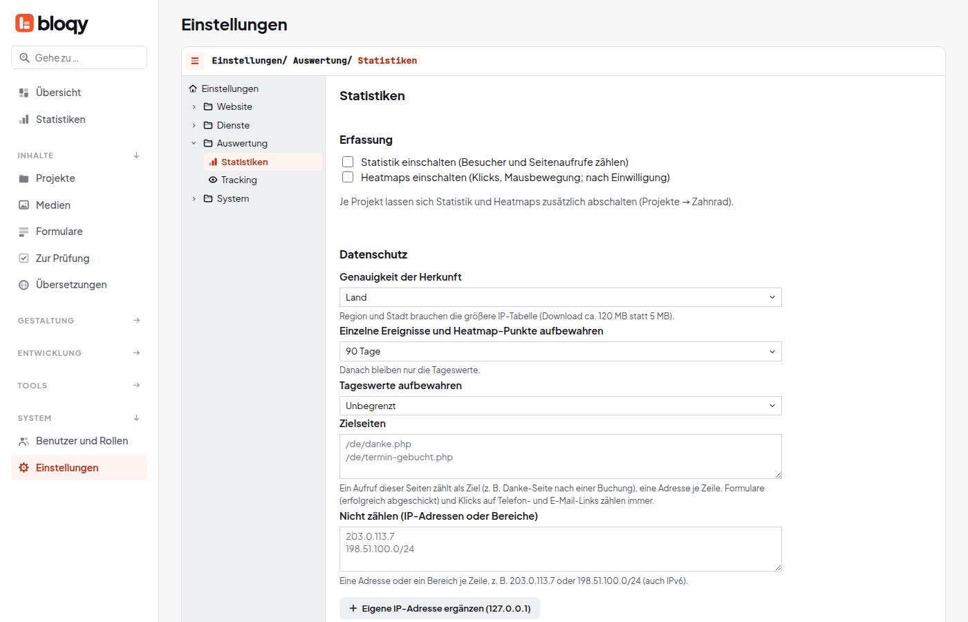 Einstellungen der Statistik mit Erfassung, Datenschutz und Zielen