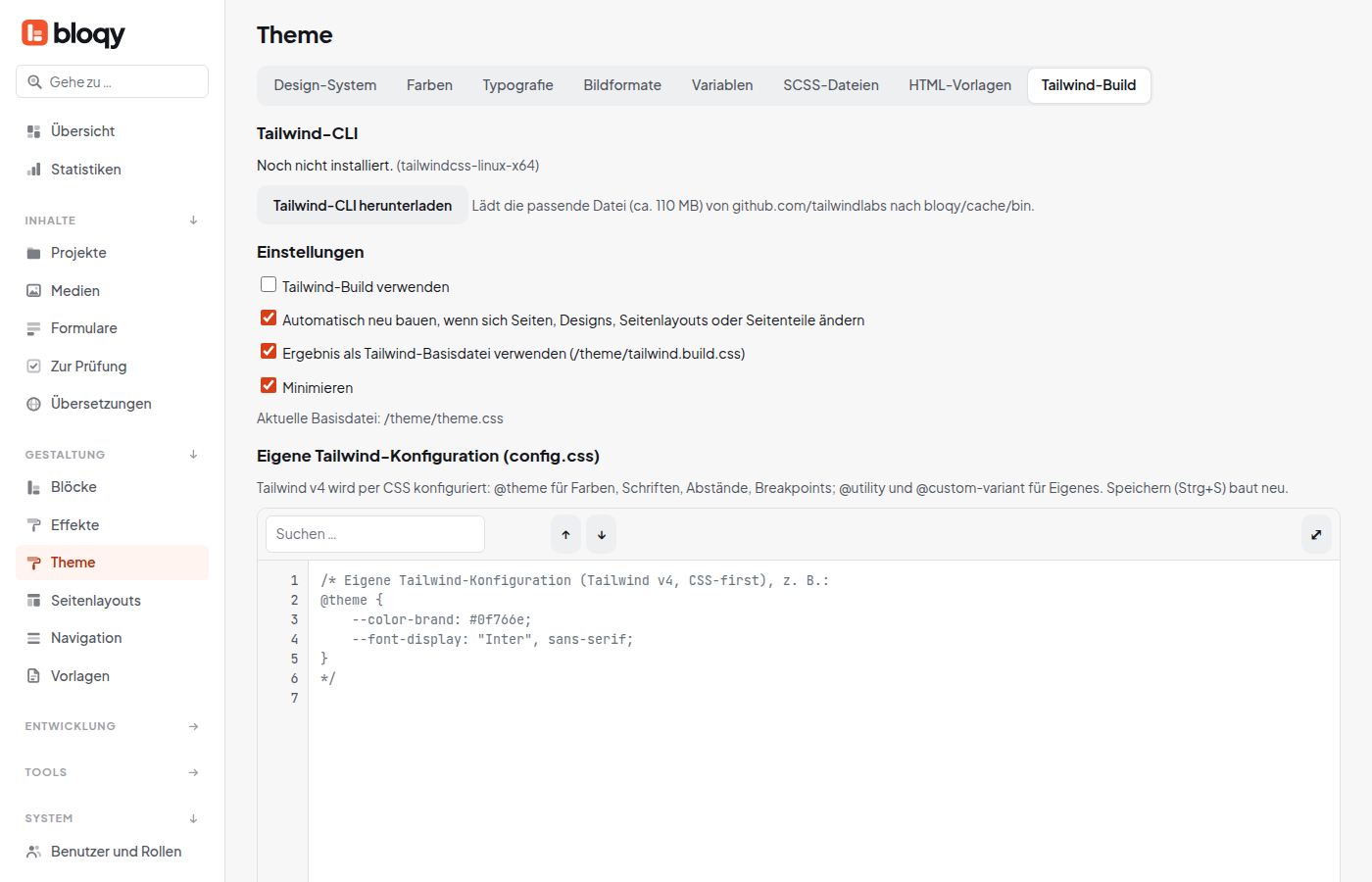 Theme Tailwind-Build mit CLI, Einstellungen und eigener Konfiguration