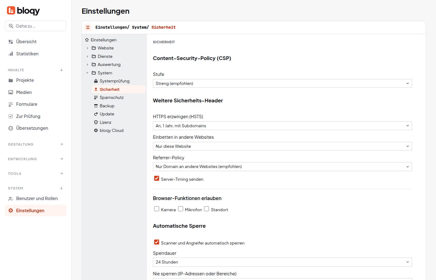 Sicherheitseinstellungen mit CSP-Stufe