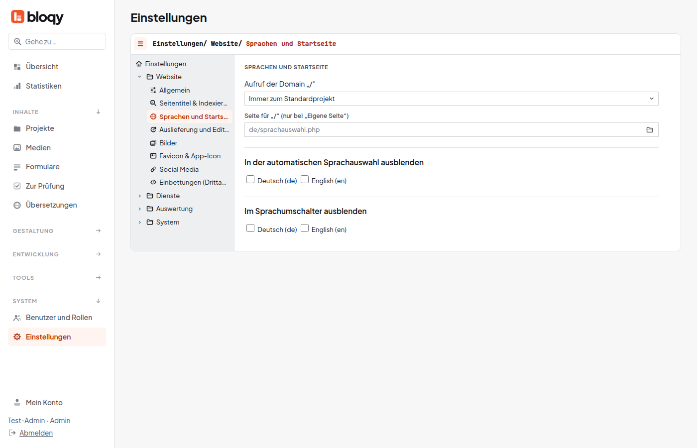 Einstellungen Sprachen und Startseite