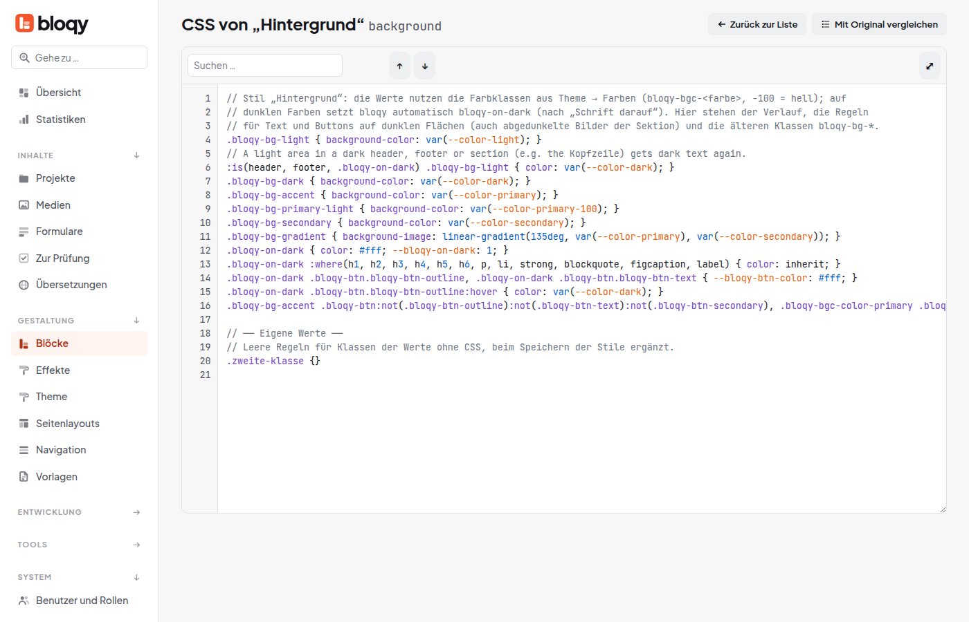 CSS-Paket des Stils Hintergrund im Code-Editor