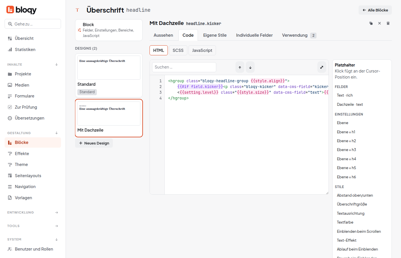 Block-Studio Reiter Code mit HTML-Template und Platzhalter-Leiste