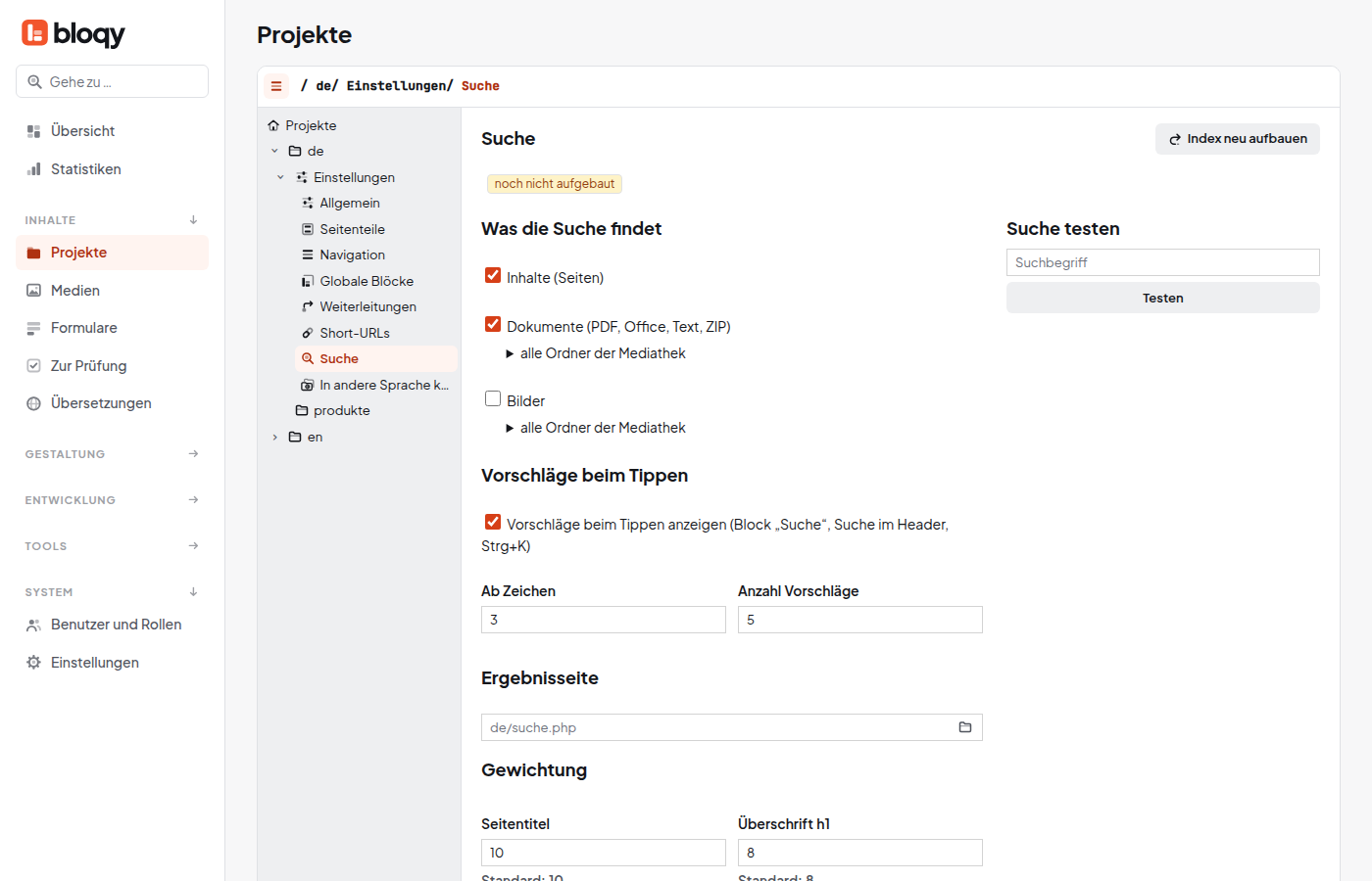 Sucheinstellungen eines Projekts