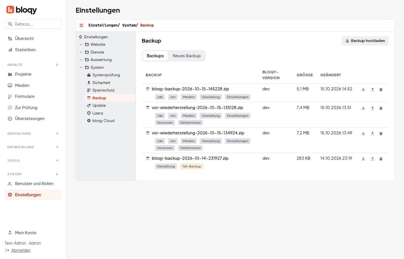 Reiter Backups mit der Liste vorhandener Backups