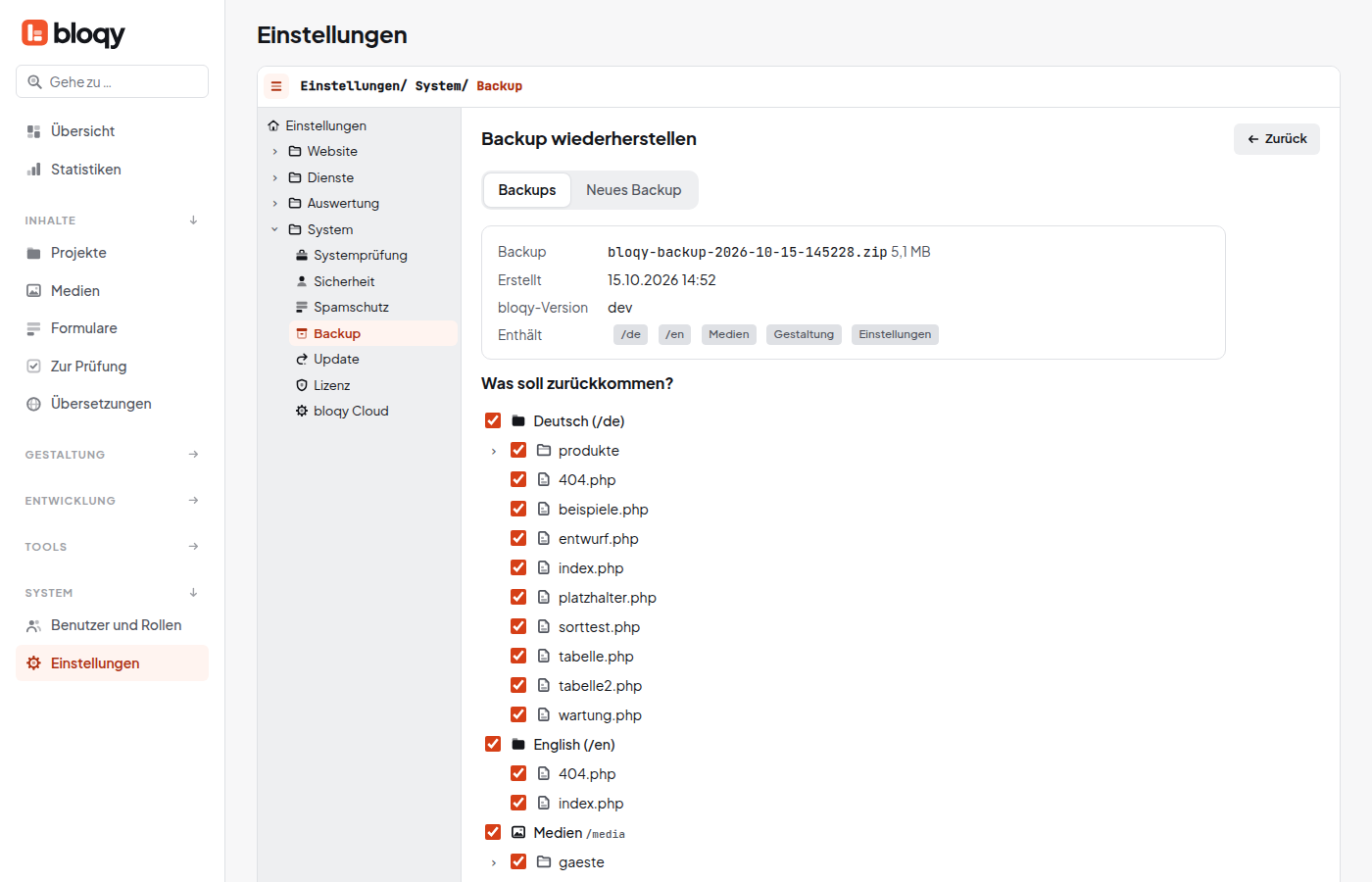 Backup wiederherstellen mit Infos zum Backup und Auswahlbaum