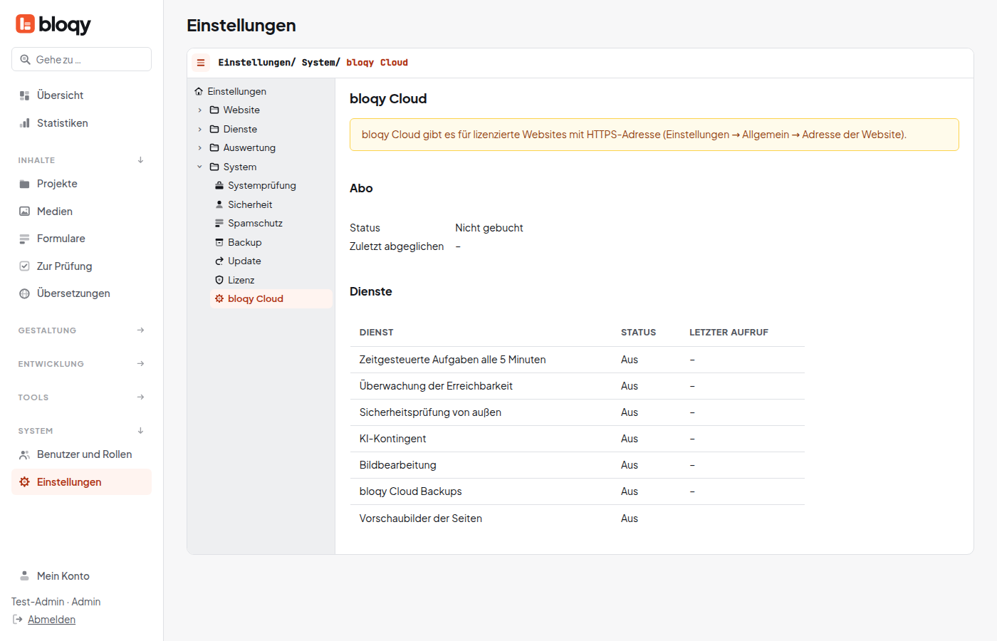 Seite bloqy Cloud mit Abo-Status und Liste der Dienste
