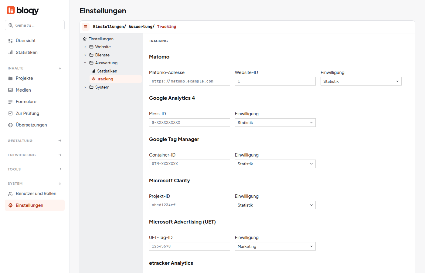 Tracking-Einstellungen mit Matomo, Google Analytics und weiteren Diensten