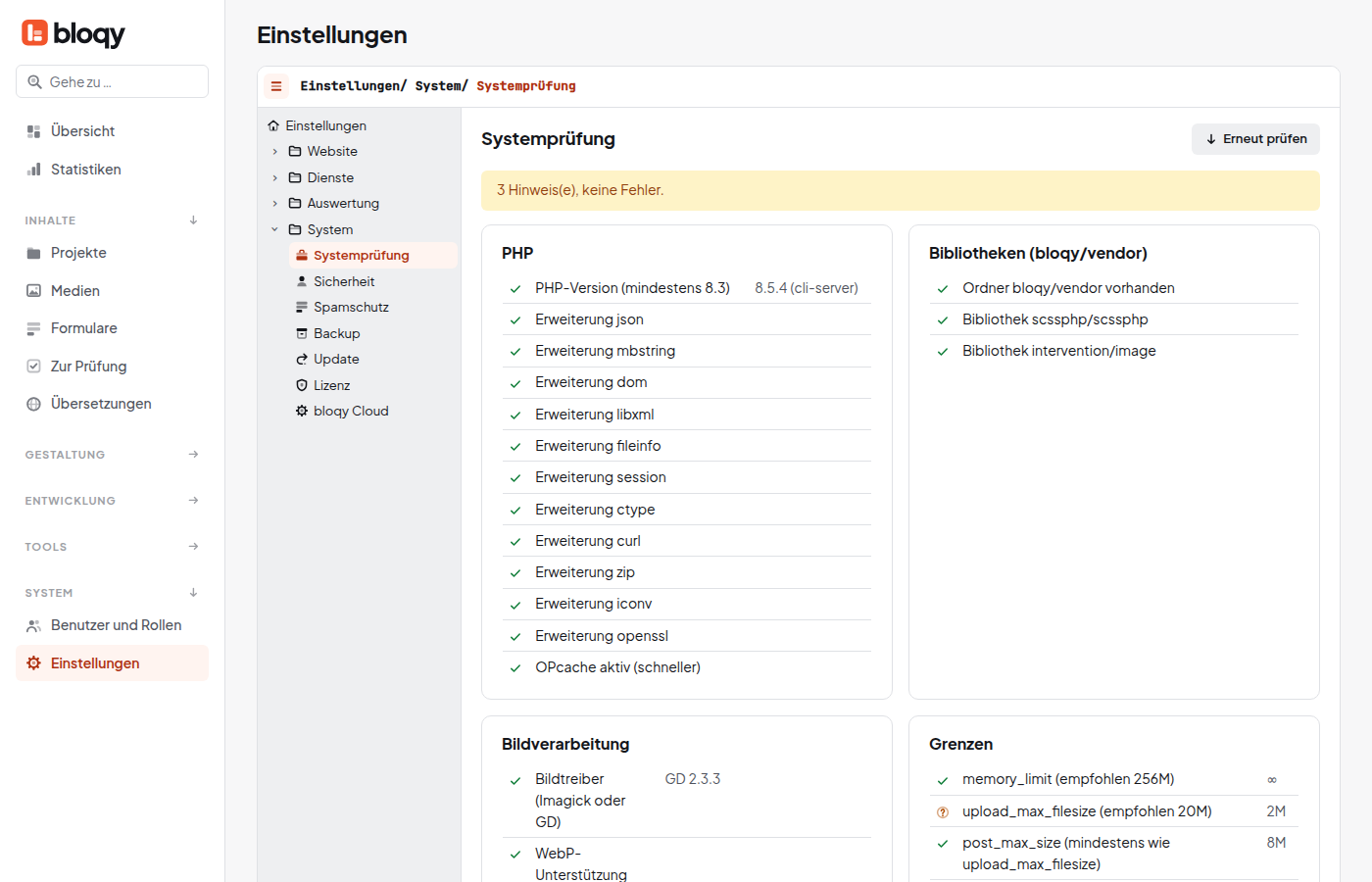 Systemprüfung mit Gruppen PHP, Bildverarbeitung und Grenzen