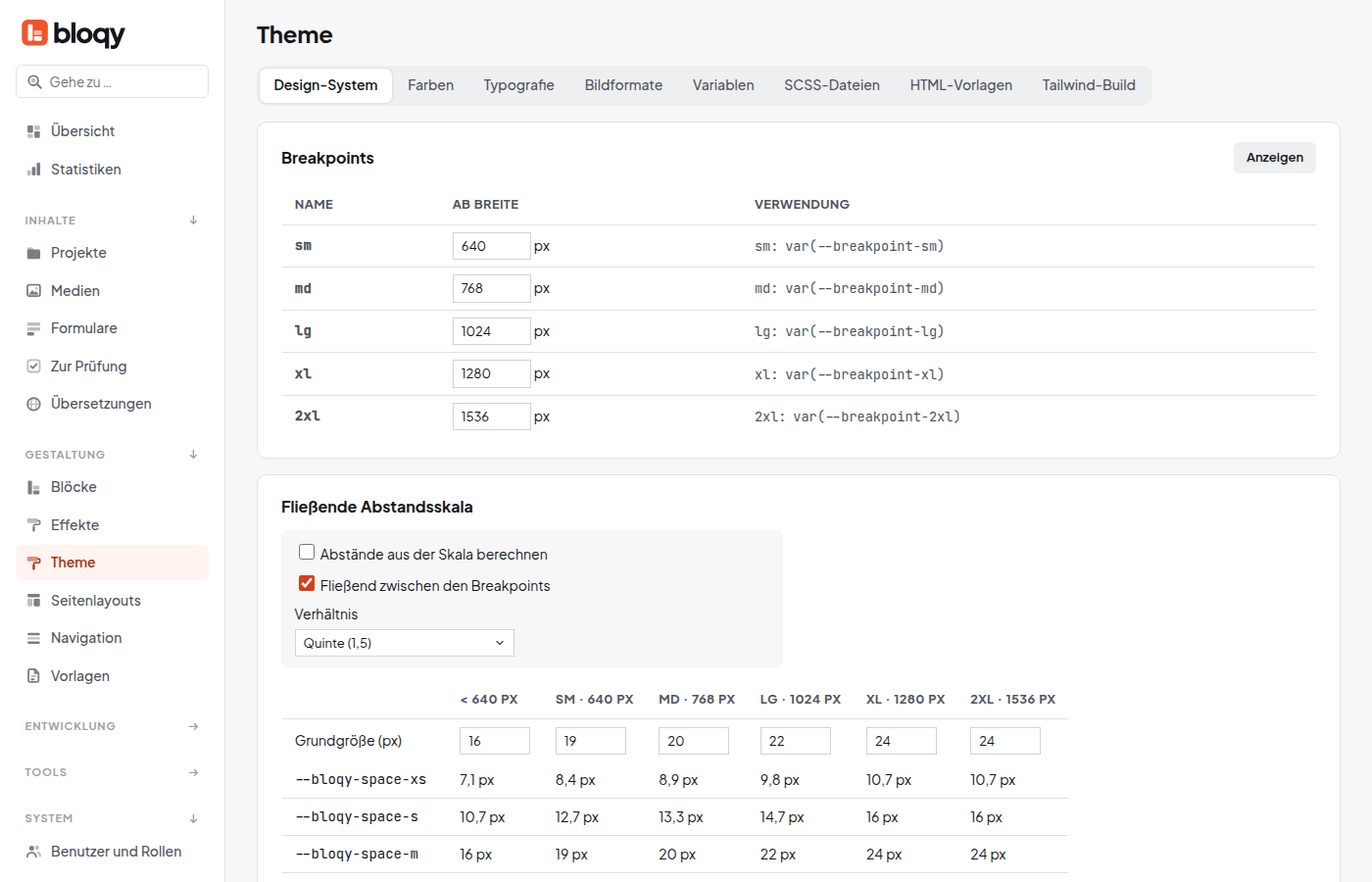 Theme Design-System mit Breakpoints und fließender Abstandsskala