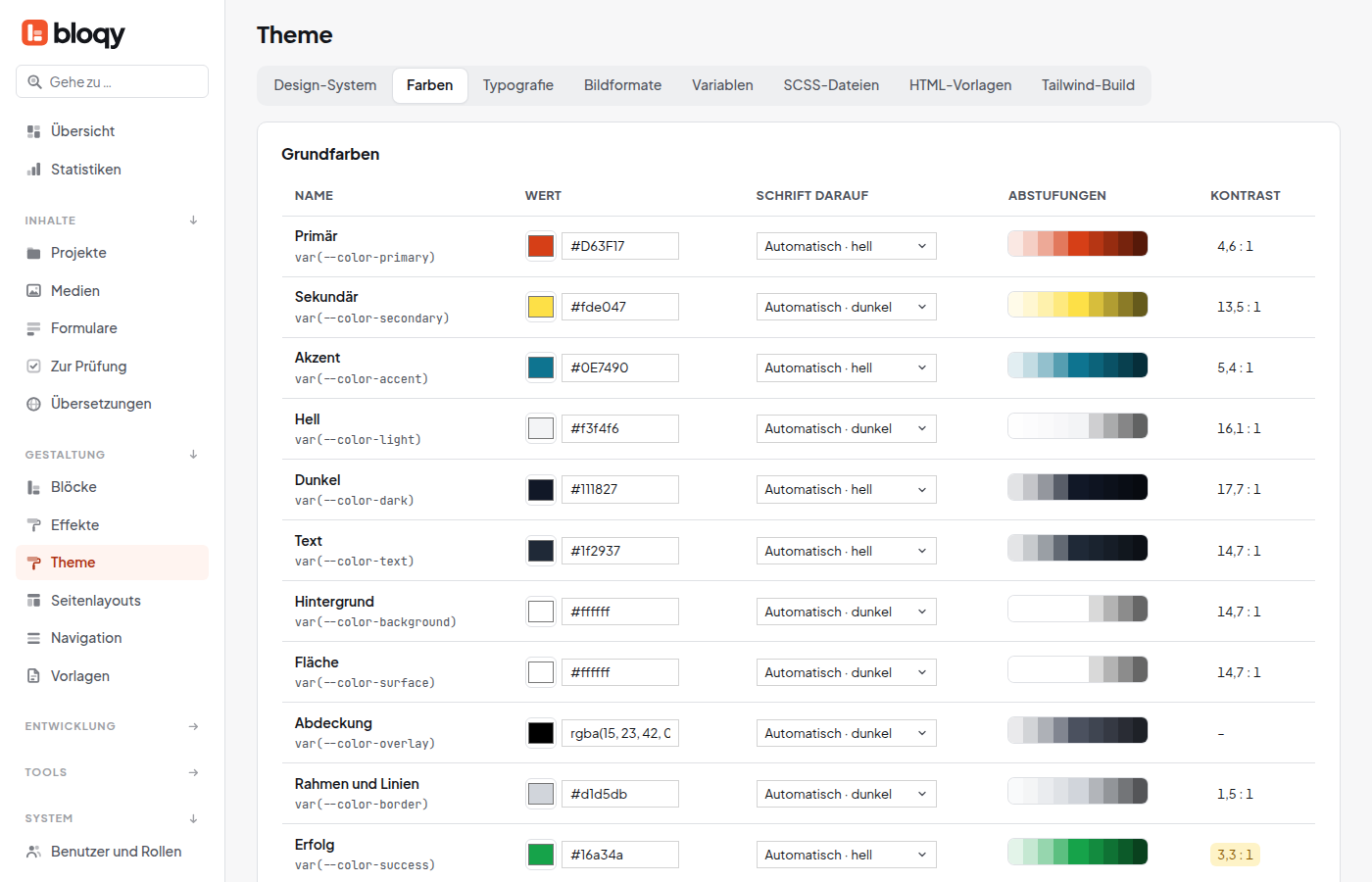 Theme Farben mit Grundfarben, Variablennamen, Schrift darauf, Abstufungen und Kontrast