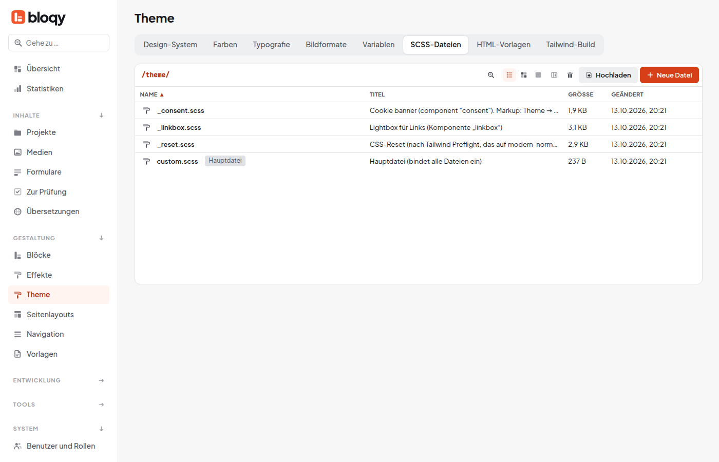 SCSS-Dateien des Themes im Dateimanager