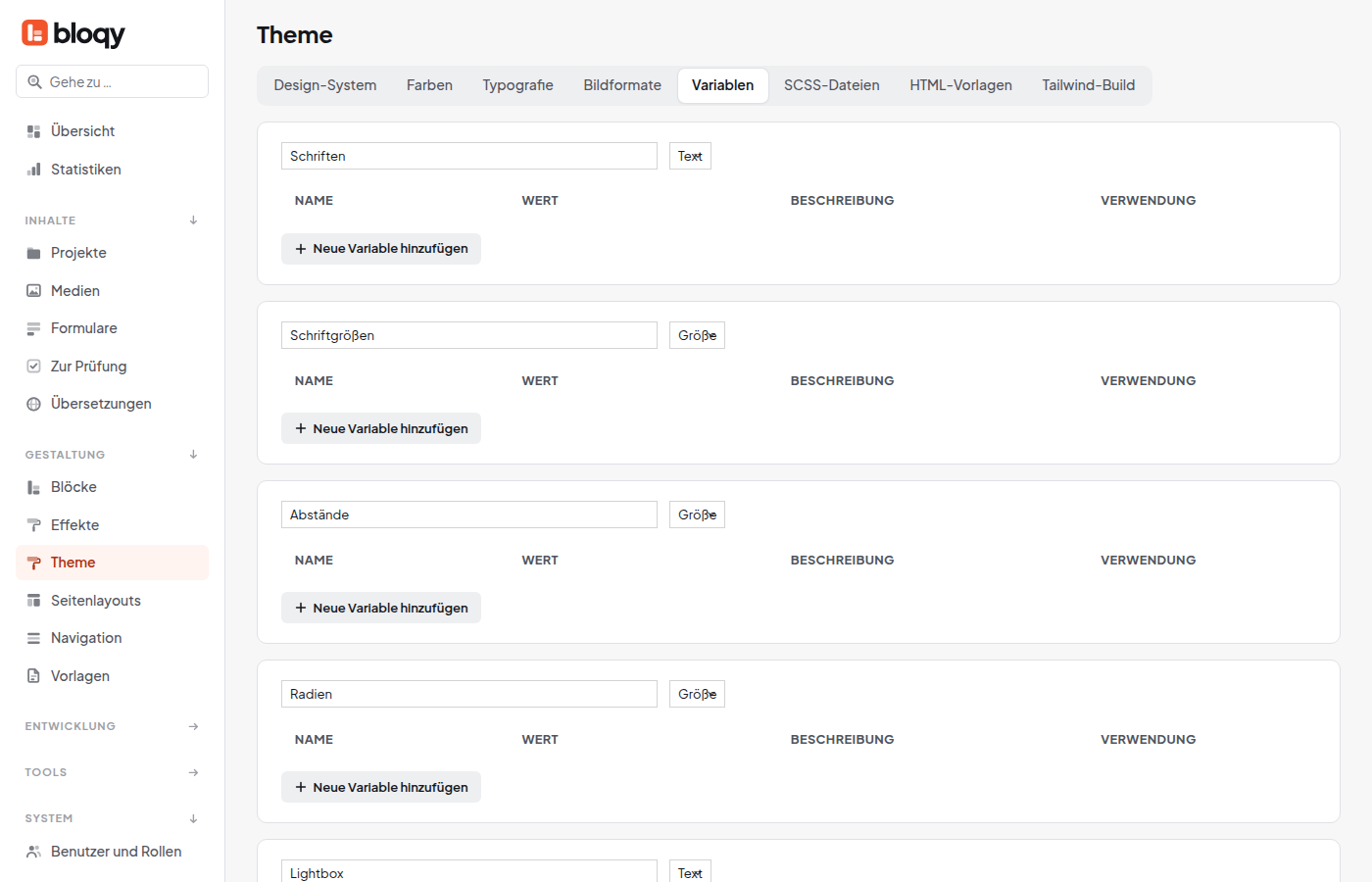 Theme Variablen mit Kategorien, Name, Wert, Beschreibung und Verwendung