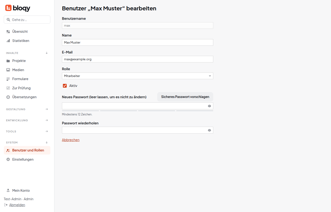 Formular Benutzer bearbeiten mit Rolle und Passwort