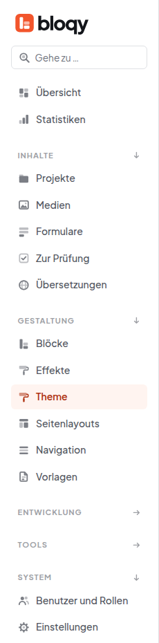 Seitenleiste mit den Gruppen Inhalte, Gestaltung, Entwicklung, Tools und System