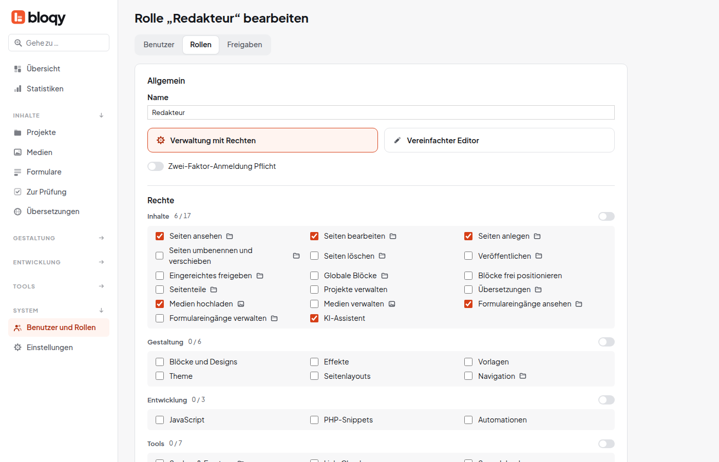 Formular Rolle Redakteur bearbeiten mit Art der Rolle und Rechten