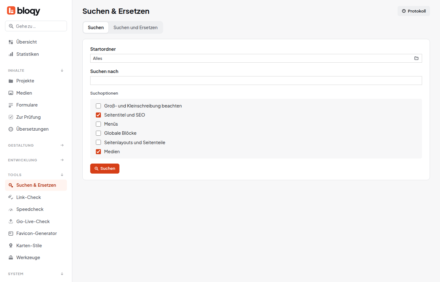 Suchen und Ersetzen mit Startordner und Suchoptionen