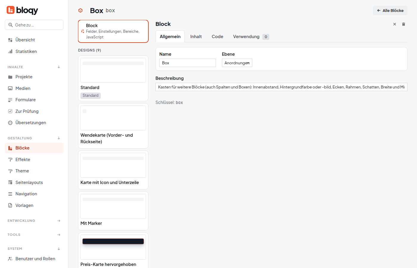 Block-Studio mit der Liste der Designs links und dem Reiter Aussehen