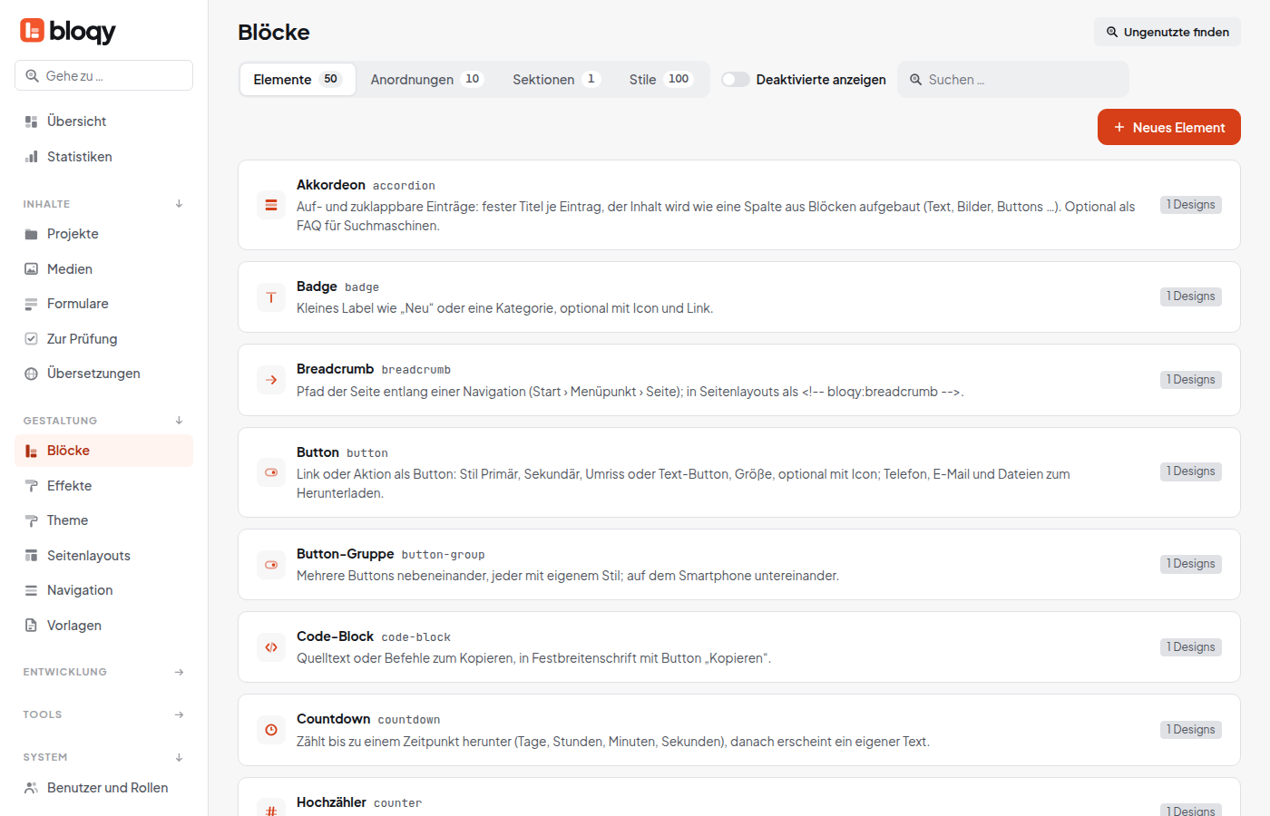 Gestaltung, Blöcke, Reiter Elemente mit Akkordeon, Badge, Breadcrumb, Button und weiteren