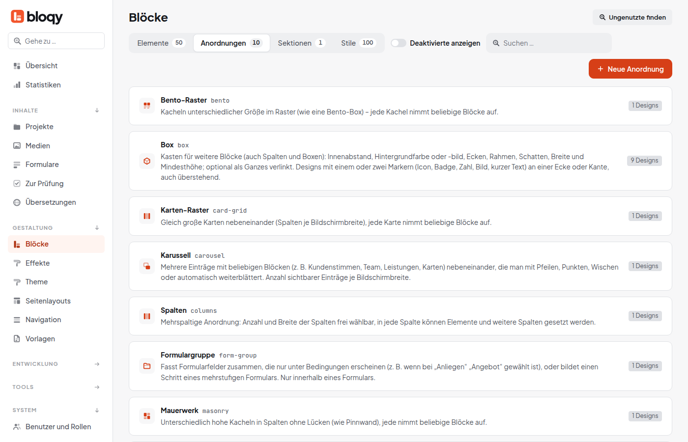 Liste der Blöcke mit Designs und Vorschaubildern