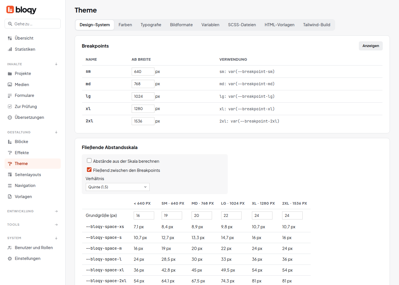 Theme, Reiter Design-System mit Bildschirmgrößen und Abstandsskala
