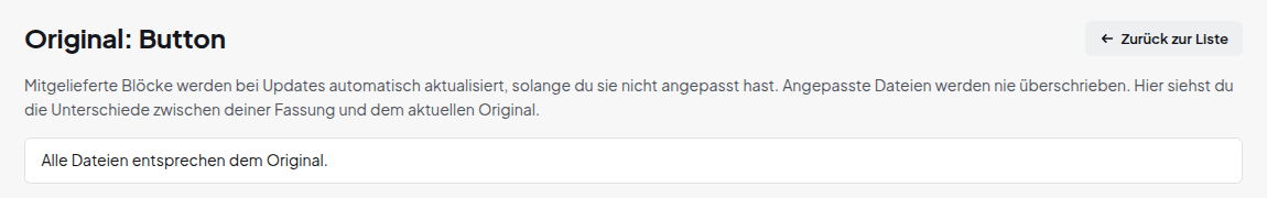 Seite Original: Button mit dem Hinweis Alle Dateien entsprechen dem Original und dem Button Zurück zur Liste