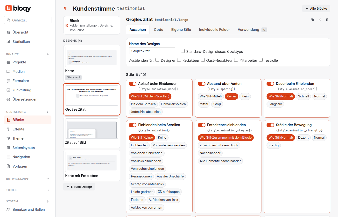 Block-Studio des Blocks Kundenstimme mit vier Designs links: Karte, Großes Zitat, Zitat auf Bild und Karte mit Foto oben