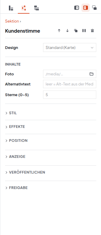 Seitenleiste des Editors mit ausgewählter Kundenstimme und der Auswahl Design: Standard (Karte)