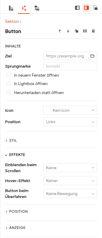 Seitenleiste des Editors mit ausgewähltem Button und aufgeklapptem Bereich Effekte: Einblenden beim Scrollen, Hover-Effekt, Button beim Überfahren