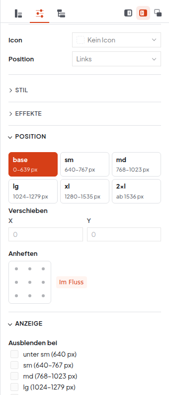 Seitenleiste mit aufgeklappten Bereichen Position (Bildschirmgrößen, Verschieben X und Y, Anheften) und Anzeige (Ausblenden bei)