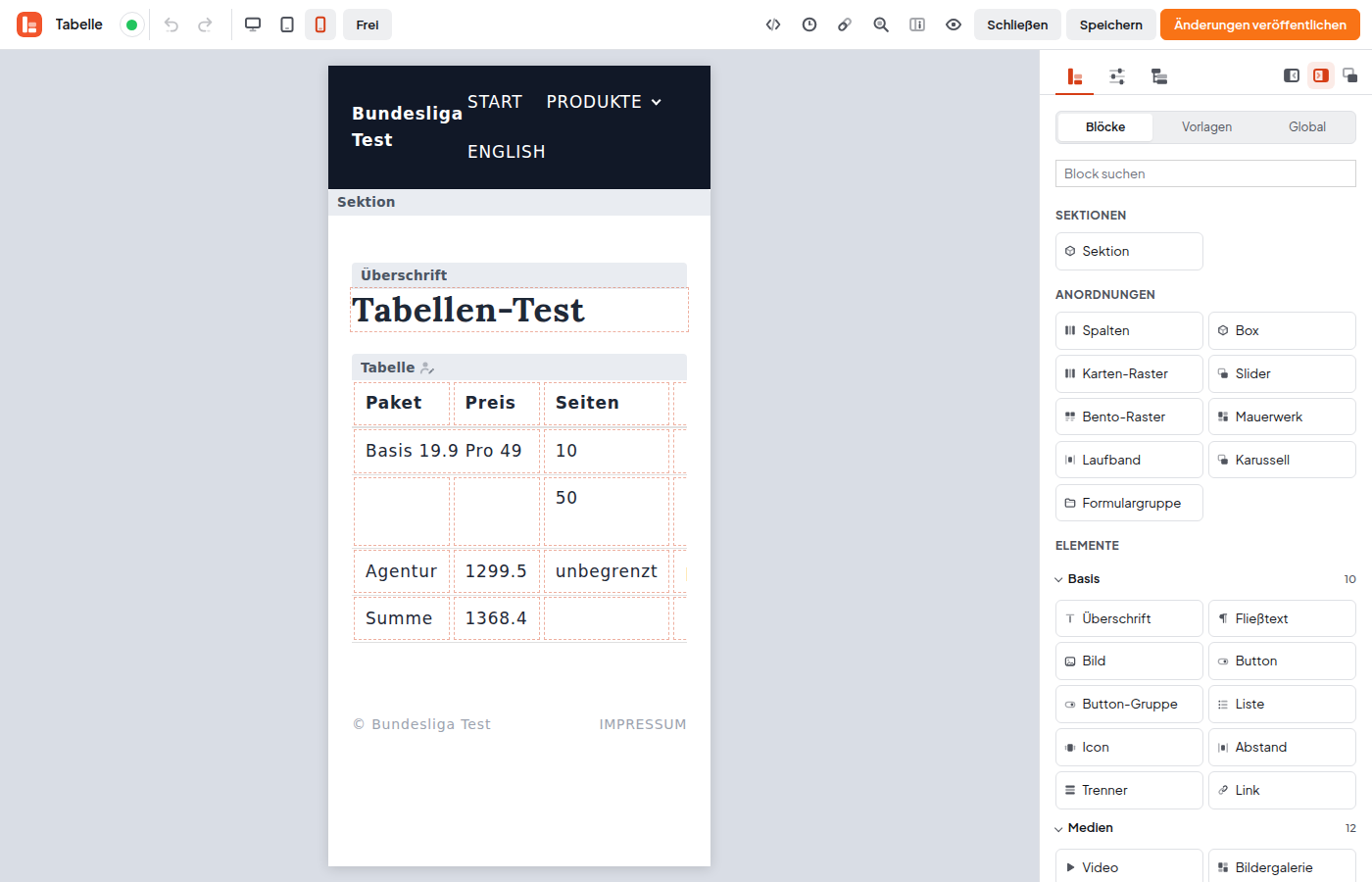 Editor in der Ansicht Smartphone: Header und Tabelle in schmaler Breite