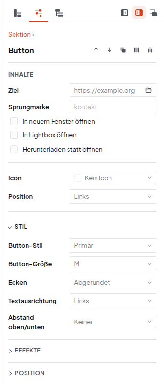 Seitenleiste des Editors mit ausgewähltem Button und aufgeklapptem Bereich Stil: Button-Stil Primär, Button-Größe M, Ecken Abgerundet