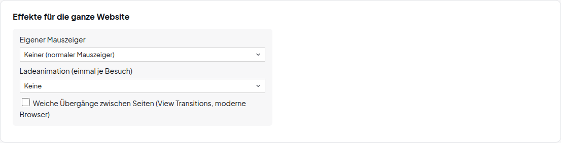 Abschnitt Effekte für die ganze Website mit Eigener Mauszeiger, Ladeanimation und Weiche Übergänge zwischen Seiten