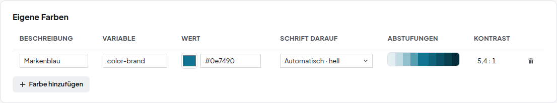 Abschnitt Eigene Farben mit Beschreibung Markenblau, Variable, Wert, Schrift darauf, Abstufungen und Kontrast